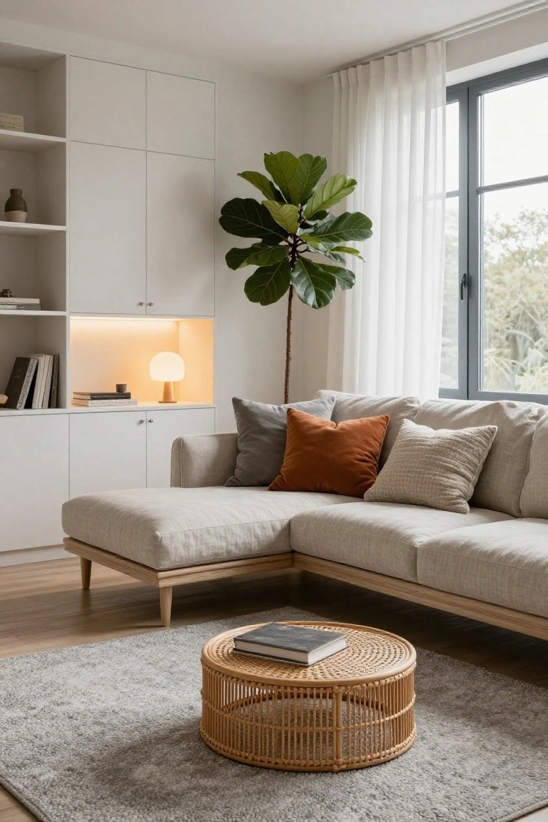Modern living room with light beige L-shaped sofa positioned against white built-in cabinets, featuring a large fiddle leaf fig plant, sheer white curtains on a window, rattan coffee table with book, and gray rug on wood floor.