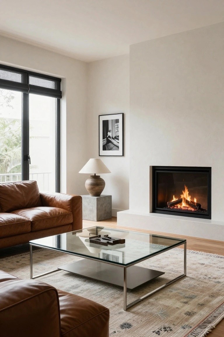 Modern living room with tan leather L-shaped sofa and ottoman, glass coffee table on patterned rug, concrete pedestal with lamp, black-and-white framed photo, and built-in gas fireplace next to large black-framed windows.