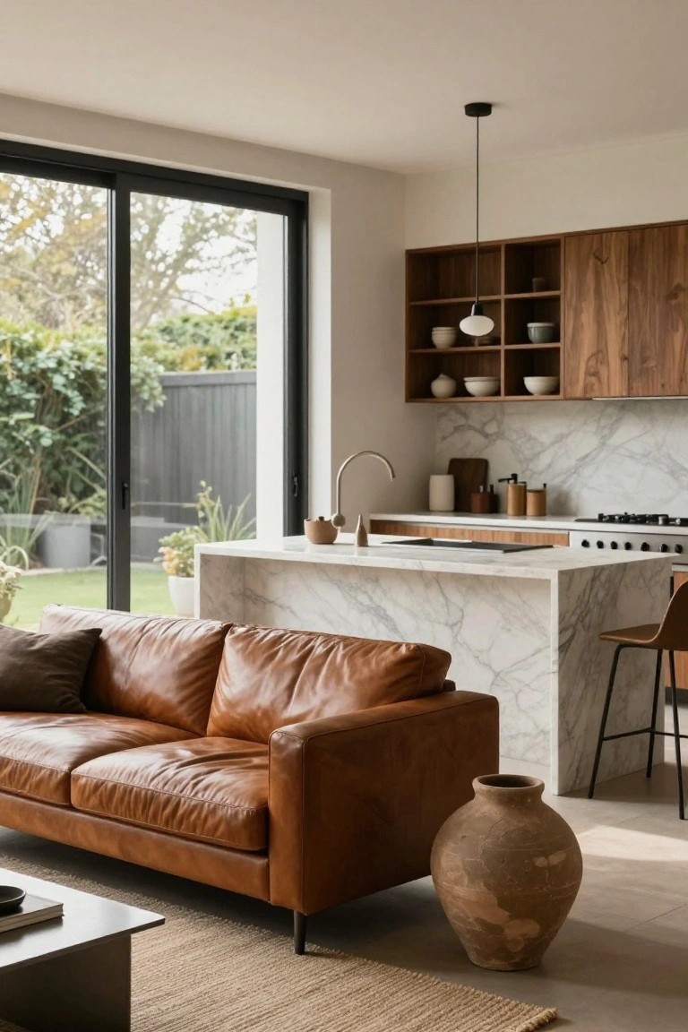 Open-plan interior with tan leather L-shaped sofa near white marble kitchen island, wooden cabinets, pendant light, and sliding glass doors overlooking garden.