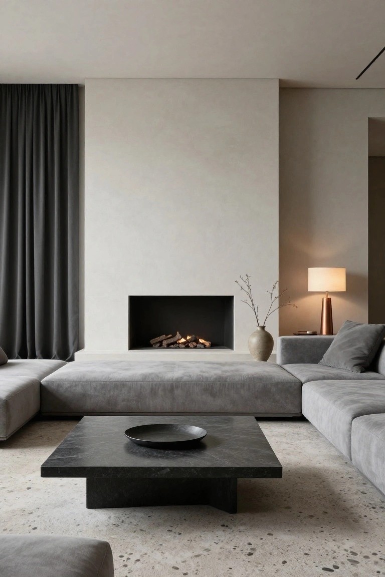 Minimalist living room with L-shaped light grey fabric sofas around a low black stone coffee table, built-in gas fireplace on white wall, tall beige vase with branches, brass table lamp, dark curtains, and speckled grey floor.