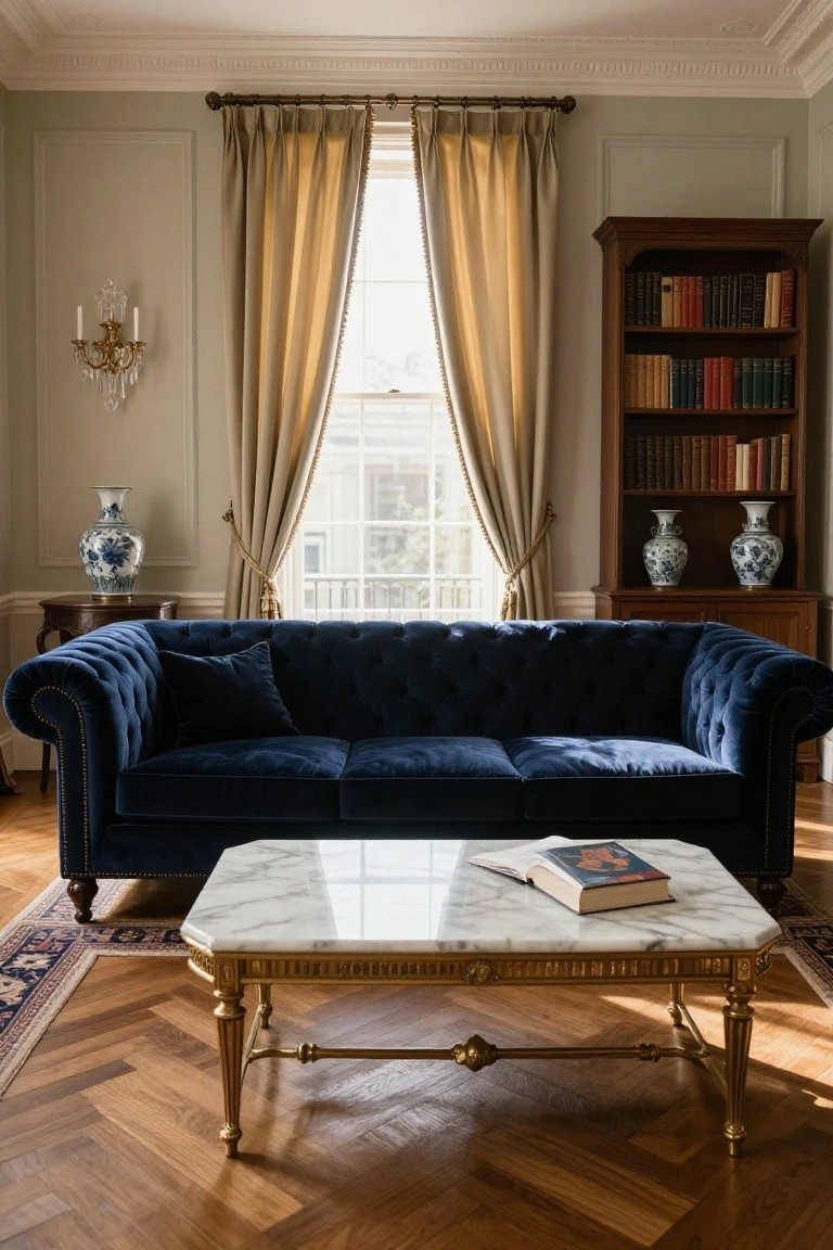 Navy blue tufted velvet sofa in a living room with light beige paneled walls, tall wooden bookshelves filled with books, large window with tan drapes, white and blue porcelain vases, marble-top coffee table on gold legs, and parquet wood floor with oriental rug.