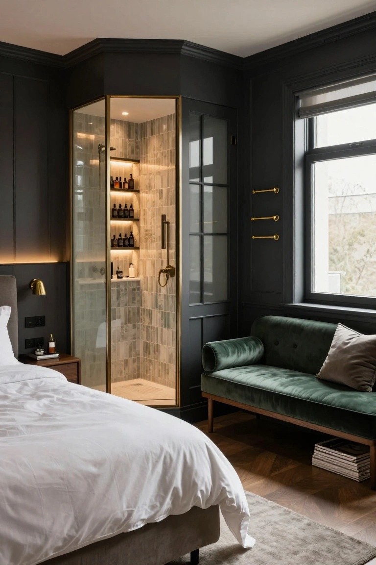 A bedroom with dark paneled walls and a corner glass-enclosed walk-in shower featuring beige tiles, gold fixtures, a white bed, green velvet chaise, and wooden floors.