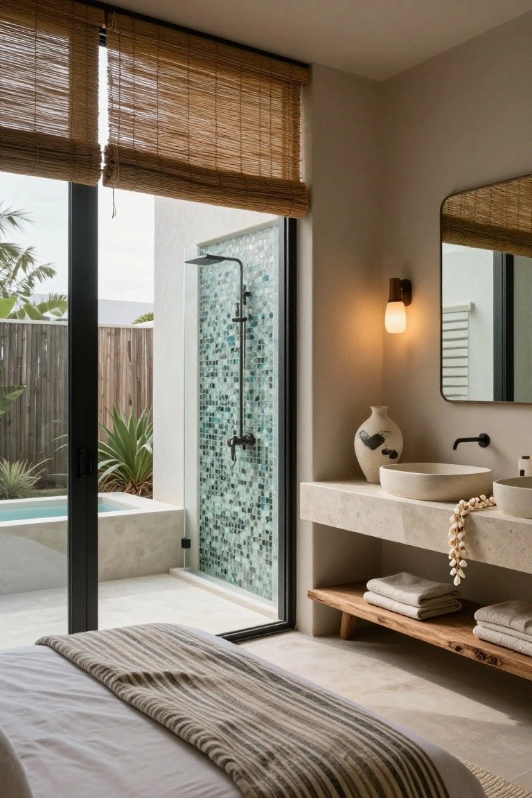 Modern bedroom with neutral tones and striped bed throw, adjacent bathroom vanity with white bowls and shell necklace, open glass shower with teal tiles leading to small outdoor turquoise plunge pool amid plants and bamboo blinds.