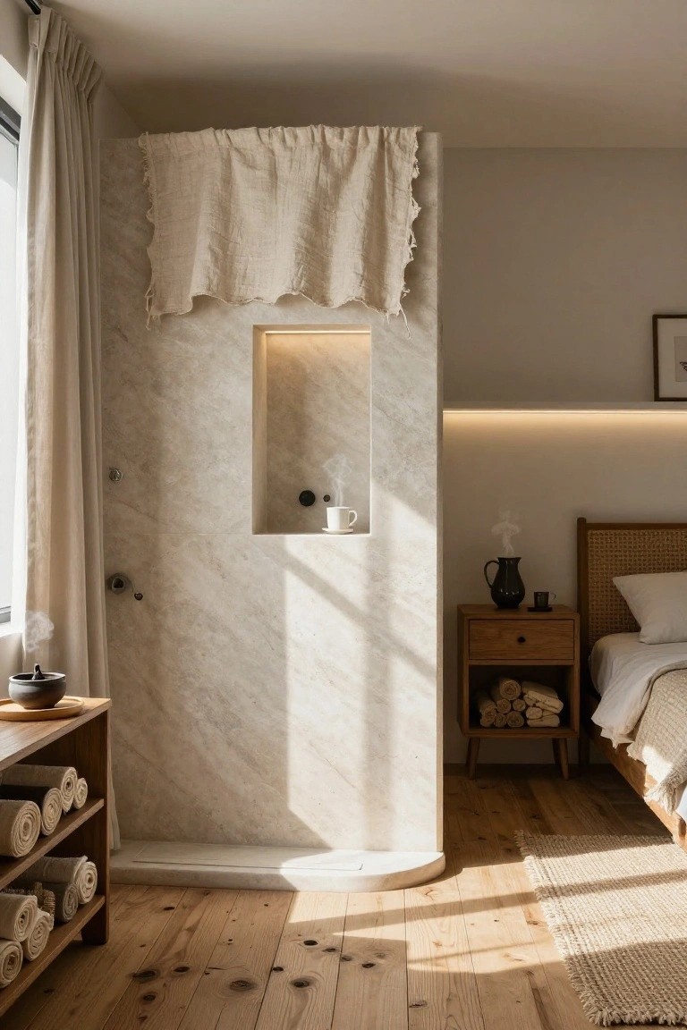 Sunlit bedroom interior with open marble shower enclosure screened by beige linen fabric drape, wooden towel shelf, rattan-headboard bed, nightstand with black vase and towels, and neutral tones.