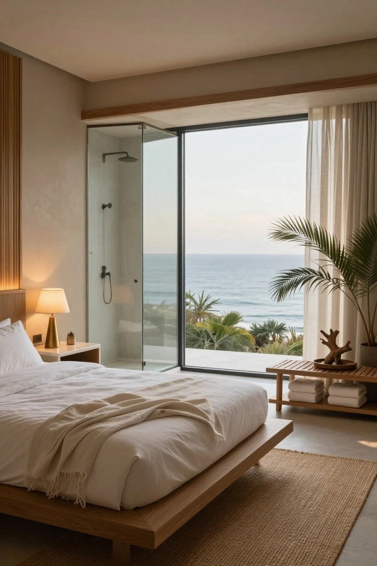 Modern bedroom featuring a low wooden platform bed with white linens and throw, glass-enclosed walk-in shower adjacent to floor-to-ceiling windows with ocean view, potted palm plant, wooden side table with lamp, and neutral walls.