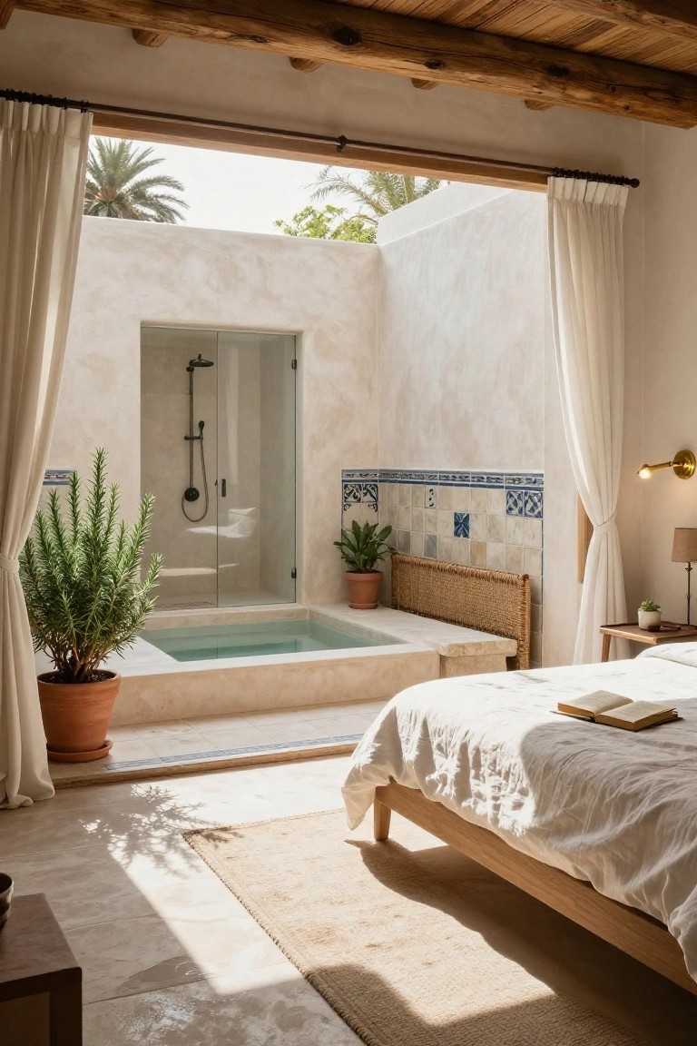 Bedroom interior featuring a low wooden bed with white linens, turquoise soaking tub nearby, glass shower with black fixtures and blue tiles, potted plants, and large curtained openings to palm trees outside.