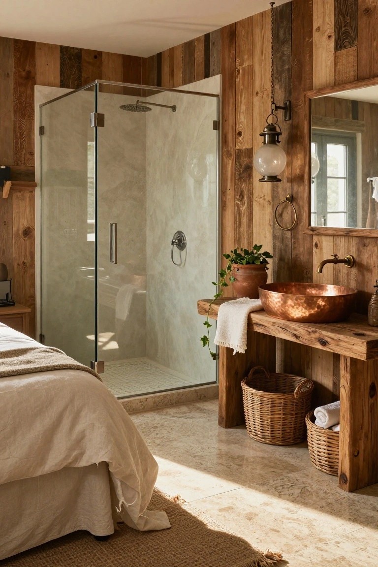 Wood-paneled bathroom ensuite next to a bed with neutral linens, featuring a glass shower enclosure, hammered copper vessel sink on a wooden shelf vanity, potted plant, towels, and wicker baskets.