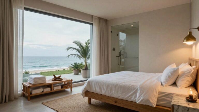 20 Spa-Like Luxury Bedroom Features That Feel Five Star Modern bedroom featuring a low wooden platform bed with white linens and throw, glass-enclosed walk-in shower adjacent to floor-to-ceiling windows with ocean view, potted palm plant, wooden side table with lamp, and neutral walls.