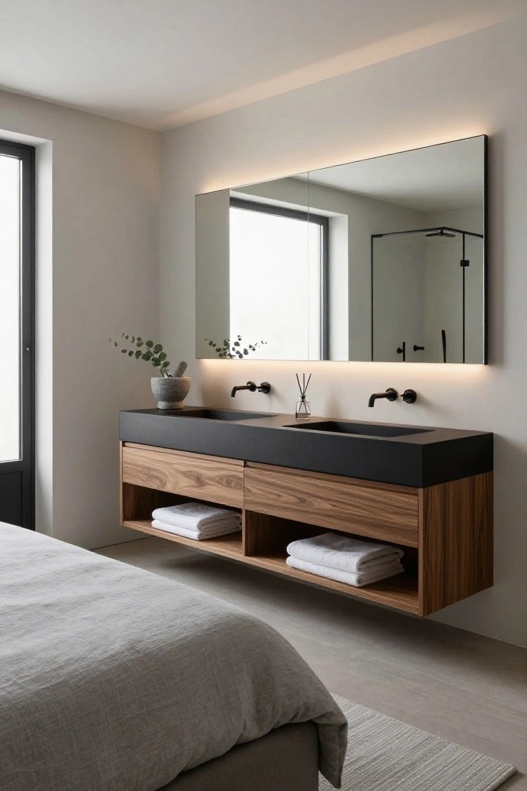 Modern en suite bathroom featuring a floating double wood and black vanity with open shelving holding white towels, large backlit mirror, black shower enclosure, and adjacent gray bed in a light wood floor room.