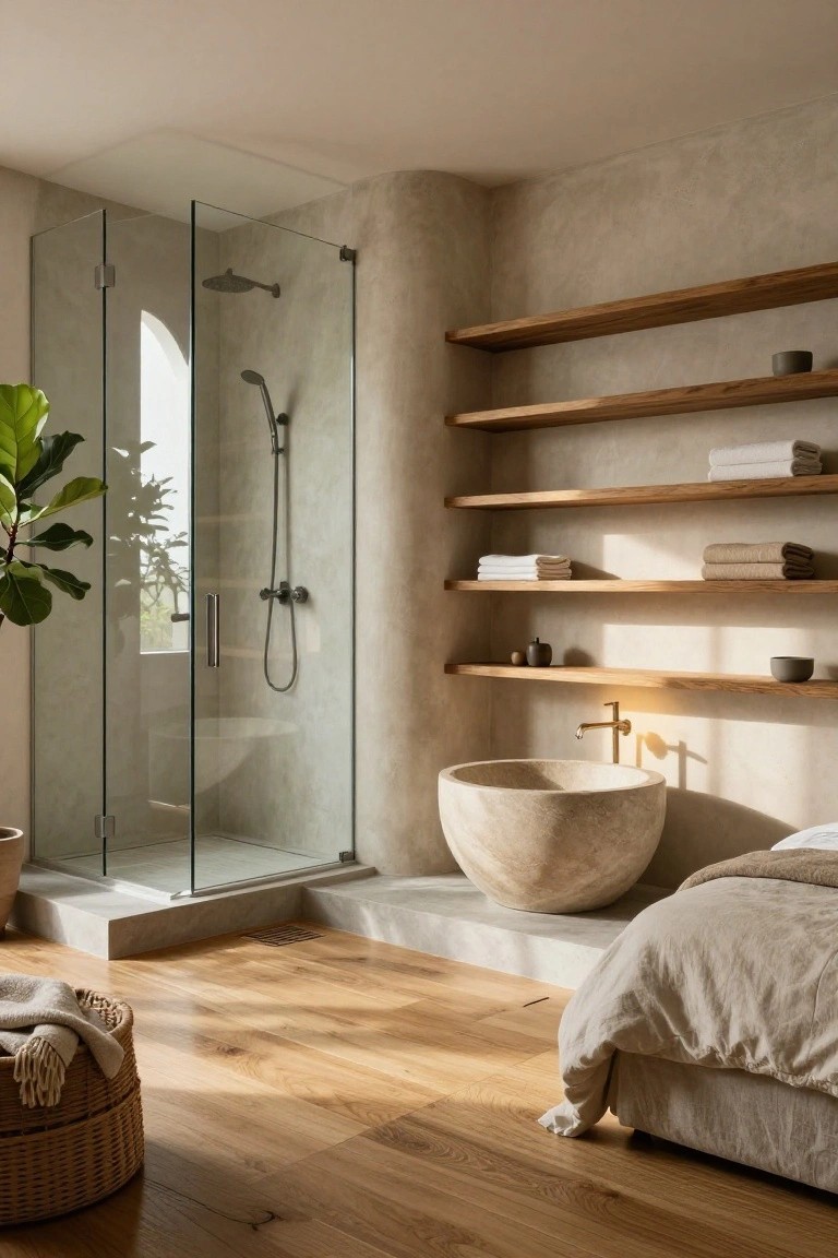 Modern bedroom interior with glass walk-in shower enclosure, large round freestanding stone bathtub on raised platform, wooden floating shelves holding folded towels and ceramics, potted green plant, wicker basket with throw blanket, and bed with beige linens on light oak wood floors.