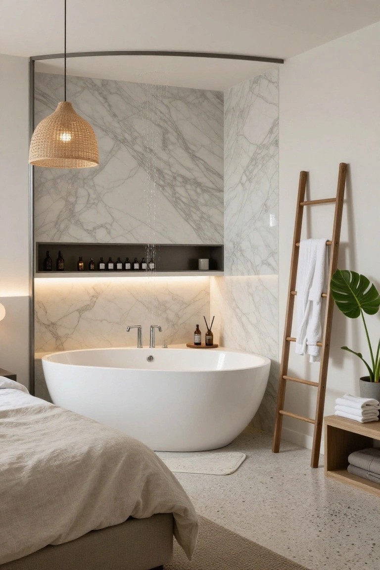 Bedroom with large white freestanding bathtub positioned next to a bed with linen bedding, curved white marble wall with lit niche shelves, wooden ladder towel rack with white towels and plants.