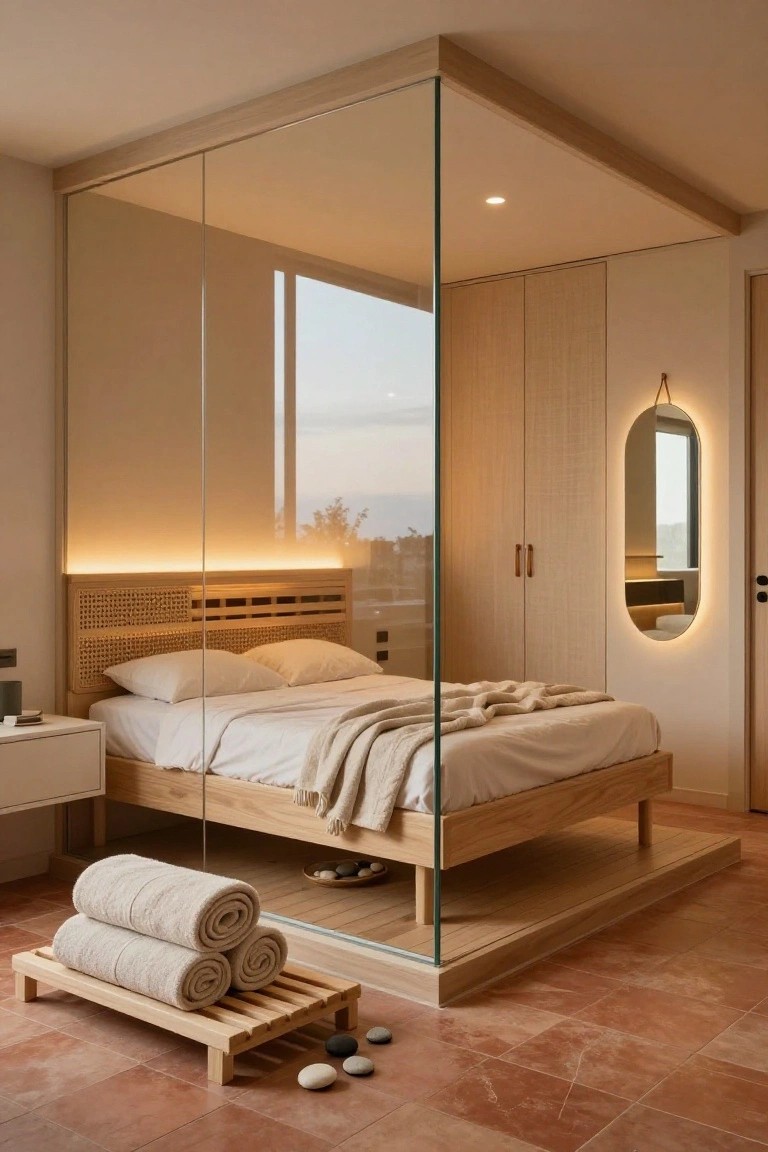 Elevated wooden bed platform with white bedding enclosed by clear glass walls in a beige-toned bedroom, with rattan headboard, wooden towel rack holding rolled towels, and oval wall mirror nearby.