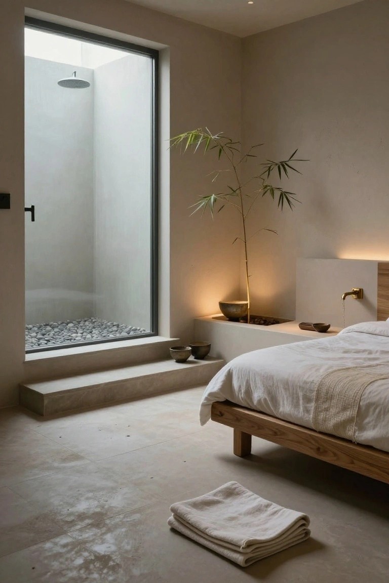 A minimalist bedroom with a low wooden bed draped in white linens, next to a floor-to-ceiling glass shower enclosure containing white pebbles, a potted bamboo plant, ceramic pots, and a brass wall faucet with running water.