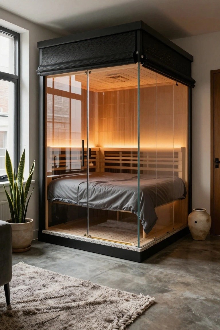 Modern glass-enclosed sauna cabin with wooden interior and low bed inside, situated in a contemporary bedroom with potted snake plant, armchair, rug, and neutral walls.