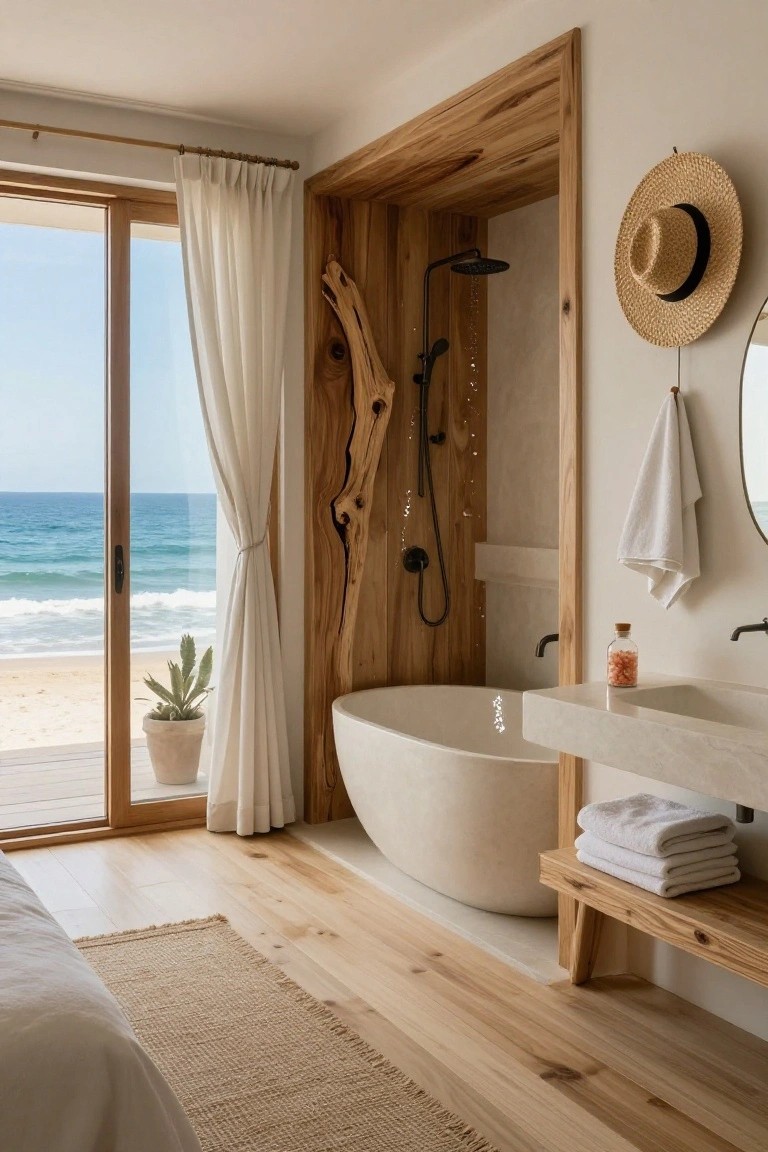 Bedroom interior with open white freestanding bathtub and wooden-framed rain shower next to sliding glass doors overlooking the ocean, beach, and wooden deck, featuring neutral tones, potted plant, towels, and straw hat on wall.