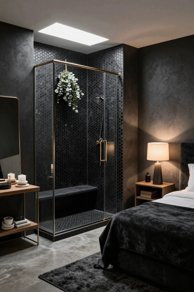Modern bedroom with black mosaic-tiled glass shower enclosure adjacent to bed, brass fixtures, hanging eucalyptus plant, wood side table holding candles and lamp, dark textured walls, and polished concrete floor.