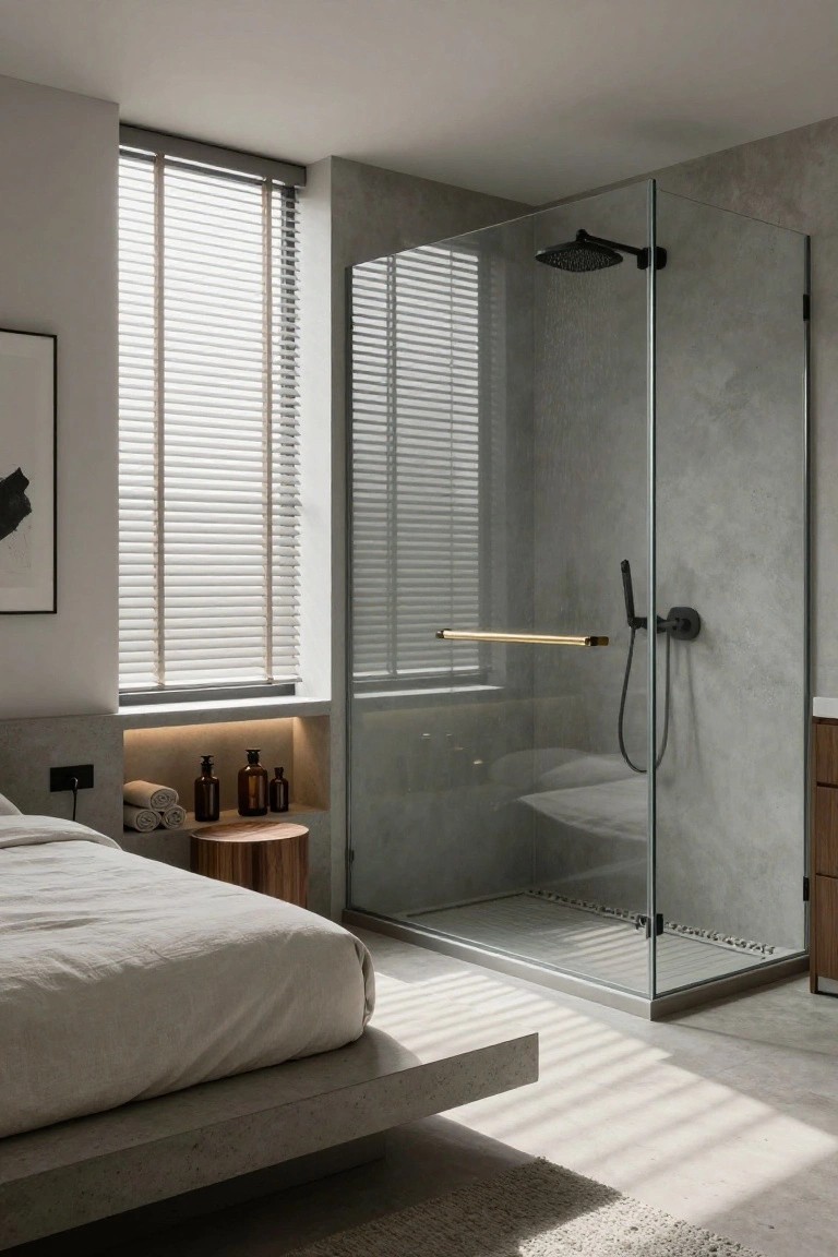 Minimalist bedroom with low floating bed, wooden stool holding towels and bottles, and adjacent glass-enclosed walk-in shower featuring concrete walls, rain showerhead, and handheld sprayer.