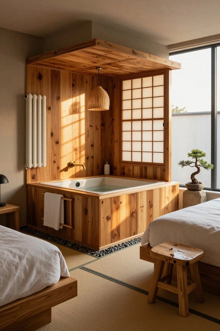 Bedroom interior with rectangular wooden soaking tub next to two low white platform beds, cedar wood paneling and accents, shoji screen partition, bonsai plant on stone pedestal, and tatami flooring.