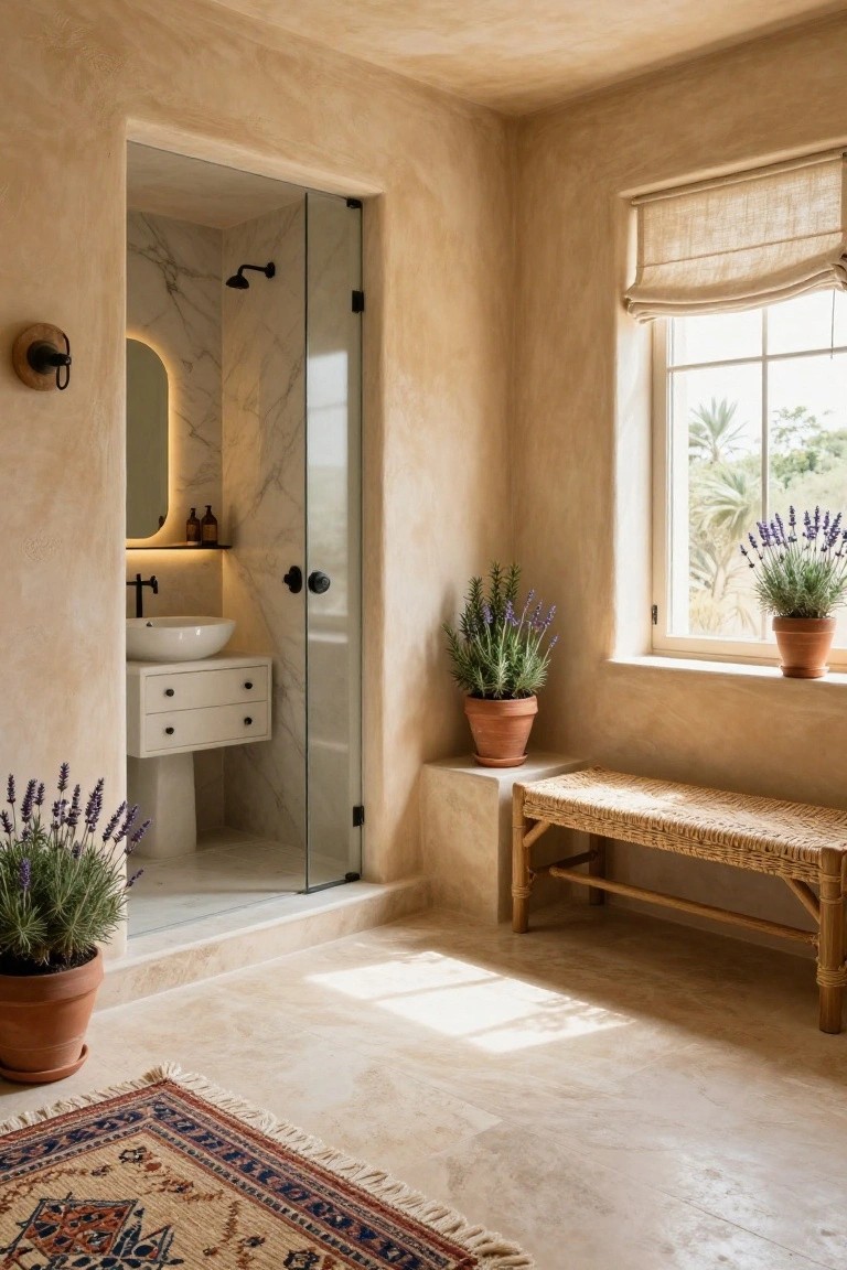 Beige textured plaster walls in a bathroom with a glass-enclosed marble shower, white floating vanity and sink, multiple terracotta pots of lavender plants, rattan bench, linen shade on window, and patterned rug on tiled floor.