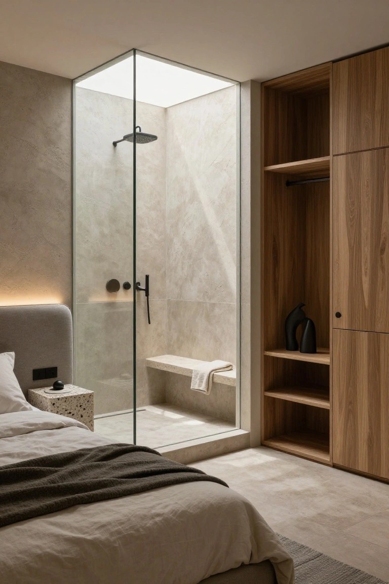 Modern bedroom with glass-enclosed walk-in shower adjacent to bed, wooden wardrobe cabinets, neutral stone walls and floor, skylight above shower.