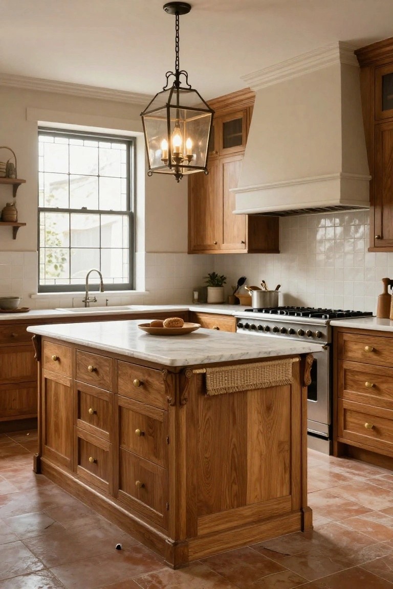 Kitchen interior with oak wood cabinets, white subway tile backsplash, marble island countertop, stainless steel range, and a large black metal lantern pendant light with four bulbs hanging above the island.