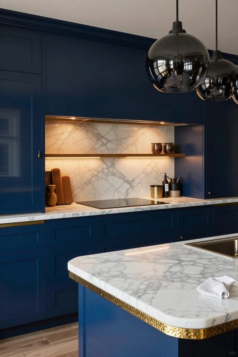 A luxury kitchen with deep navy blue lacquered cabinets, white marble countertops and backsplash, brass-edged island, and three large black glossy globe pendant lights hanging overhead.