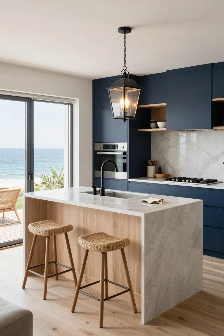 Modern kitchen interior with navy cabinets, white marble waterfall island on wooden base, two rattan barstools, black metal lantern pendant light, stainless steel appliances, and sliding glass doors to ocean view.
