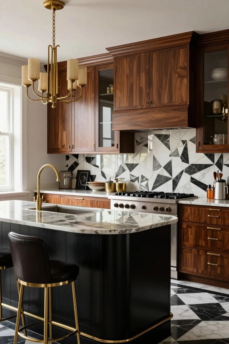 A luxury kitchen with a multi-arm brass chandelier hanging over a marble-topped island, walnut cabinets, geometric black and white tile backsplash, and black and white checkered floor tiles.