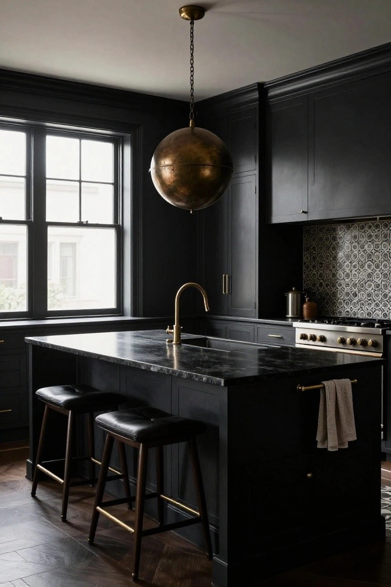 Dark kitchen interior with black cabinets, black marble island topped with two leather barstools, gold gooseneck faucet, gas range, and a large brass globe pendant light suspended above the island.