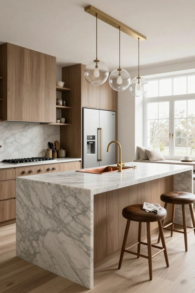 Modern kitchen featuring wood veneer cabinetry, white marble island with copper sink, stainless steel appliances, and a brass linear pendant with three clear glass globe lights hanging above the island.