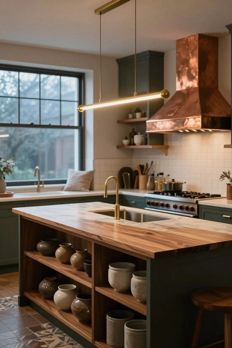 Modern kitchen interior with dark green cabinets, light wood island countertop, white subway tile backsplash, brass linear pendant light over island, copper range hood, and large window.