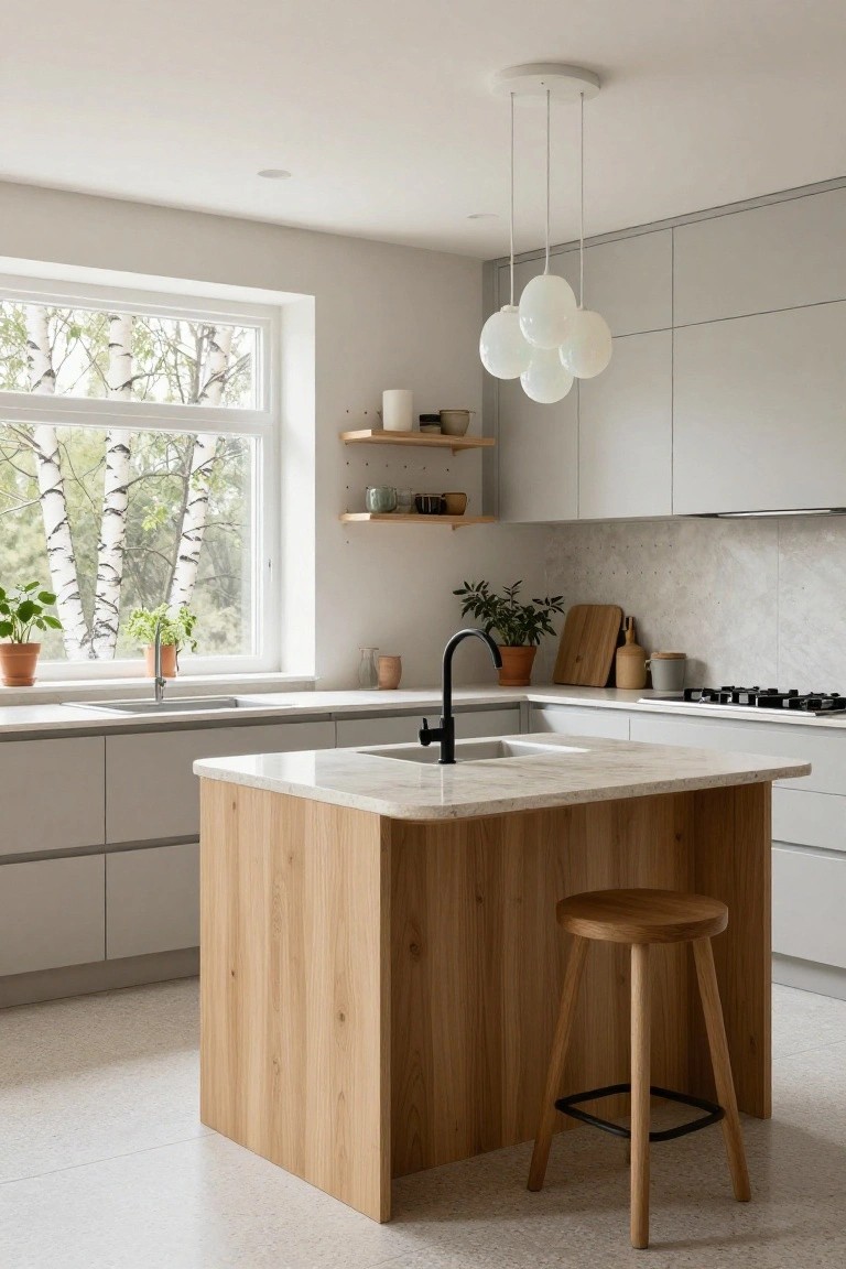 Modern light wood kitchen island with marble top and black faucet.