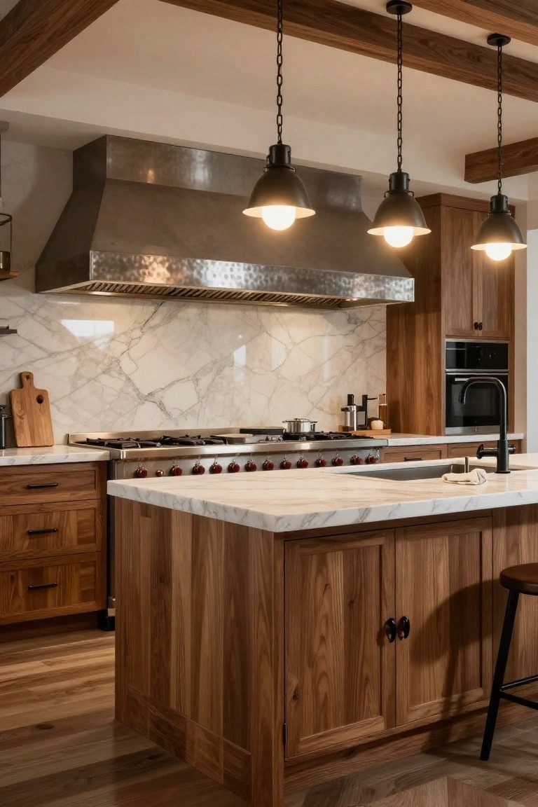 Luxury kitchen with wood cabinets, white marble backsplash and island, stainless steel range under hammered metal hood, and three black conical pendant lights hanging from chains above the cooking area and island.