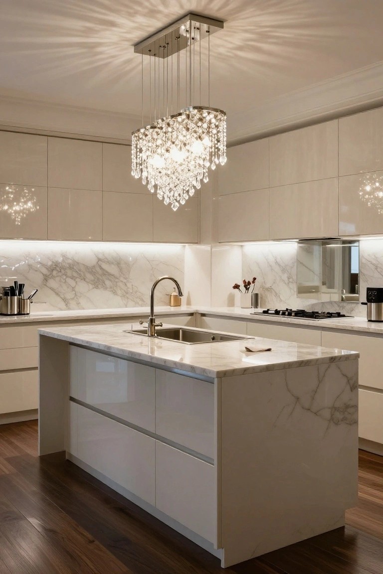 Modern white kitchen with glossy cabinets, marble counters and backsplash, central island sink, and large hanging crystal chandelier.