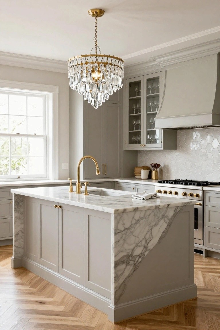 Light gray kitchen with marble island, gold faucet and hardware, crystal droplet chandelier overhead, glass-front cabinets, white hexagonal tile backsplash, and herringbone wood floors.