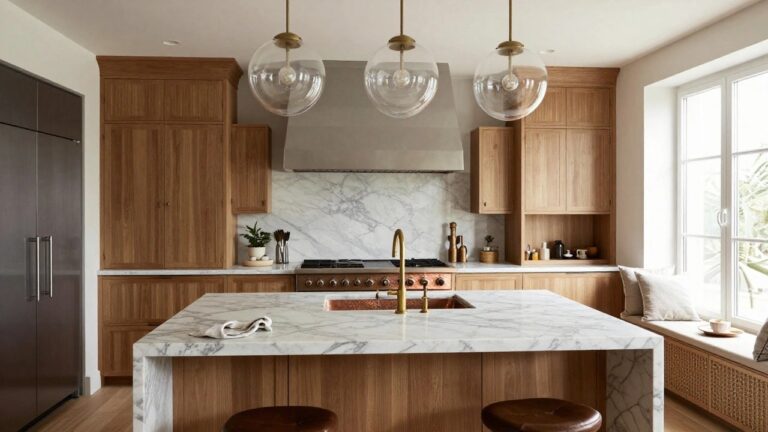Modern kitchen featuring wood veneer cabinetry, white marble island with copper sink, stainless steel appliances, and a brass linear pendant with three clear glass globe lights hanging above the island.
