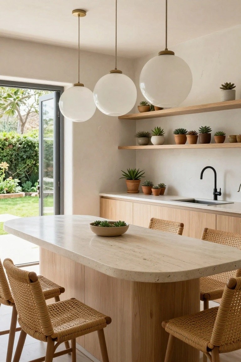 Modern kitchen interior featuring three white globe pendant lights with brass fittings hanging over a curved light wood island with white stone countertop, rattan bar stools, potted plants on open shelves and counters, black faucet at the sink, and glass doors opening to a garden.