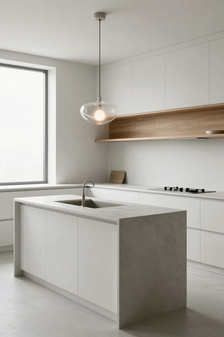 Modern white kitchen interior with central island sink under large blown-glass pendant light, oak wall shelves above cabinets, gas cooktop, and large window.