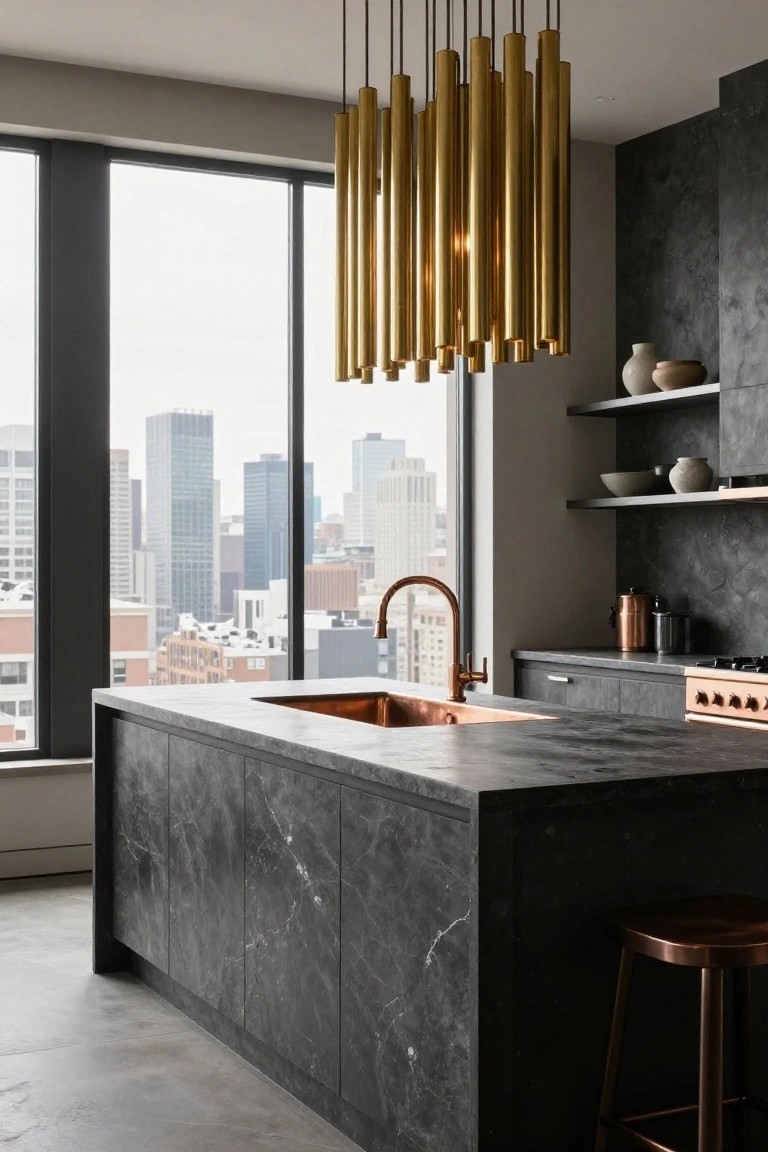 Modern luxury kitchen featuring a large hanging chandelier of vertical gold tubes over a dark marble island countertop with copper sink, matte black cabinets, and large windows showing a city skyline.