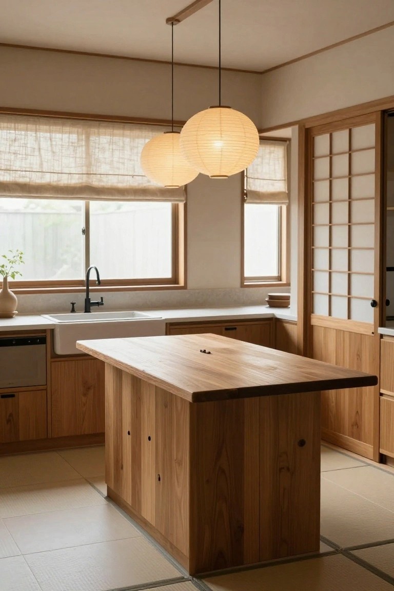 Kitchen with light wooden island and cabinets, white farmhouse sink, black faucet, two white paper lantern pendant lights hanging above the island, shoji screens on one wall, and linen curtains on windows.