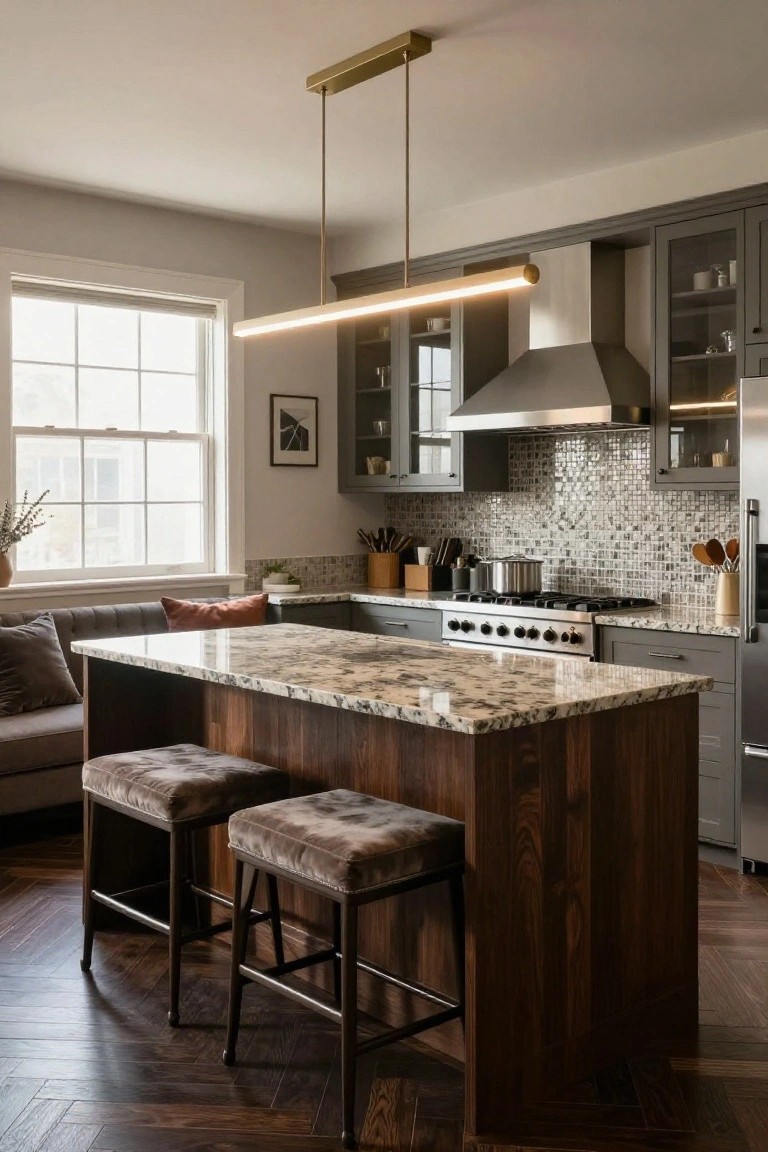 Modern kitchen interior with gray cabinets, glass-front uppers, stainless range hood and appliances, wood island with granite countertop and two upholstered bar stools, and a long linear gold pendant light suspended above the island.