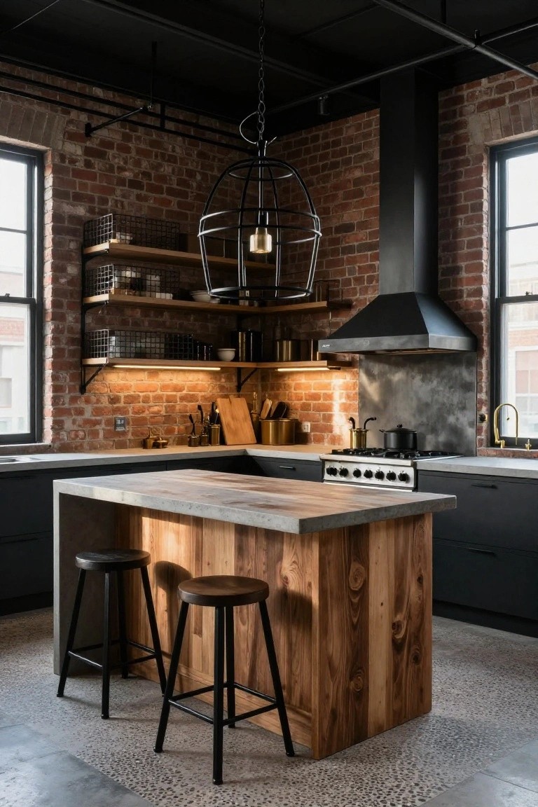 Modern industrial kitchen with exposed brick walls, black cabinets, concrete-look counters, wooden island with black stools, gas cooktop under stainless steel hood, and large black wireframe pendant light hanging above the island.