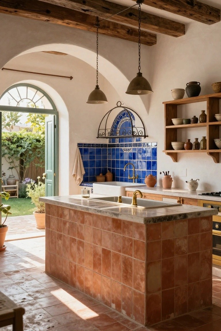 Kitchen with terracotta-tiled island and floors, blue tiled backsplash, wooden beam ceiling, chain-suspended metal pendant lights, open shelves holding pottery, gold faucet sink, and arched doorway to garden.