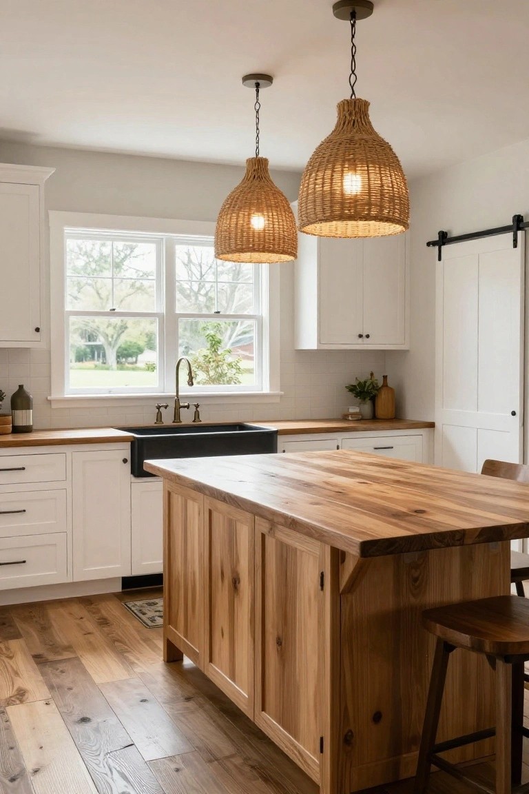 Kitchen with white shaker cabinets, wooden island and counters, black farmhouse sink under a window, two woven rattan pendant lights hanging above the island, and hardwood floors.