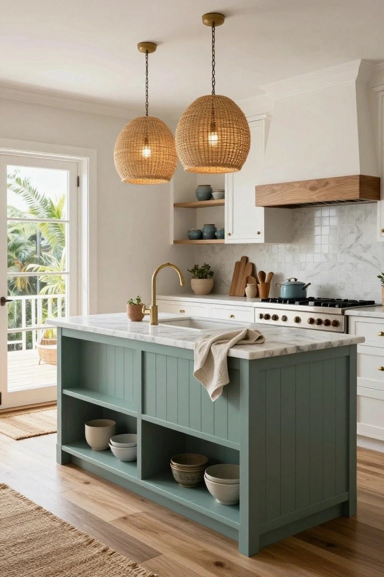 Modern kitchen interior with two hanging woven rattan pendant lights over a sage green paneled island topped in white marble, gold gooseneck faucet, white cabinetry, wood range hood, and French doors opening to palm trees outside.