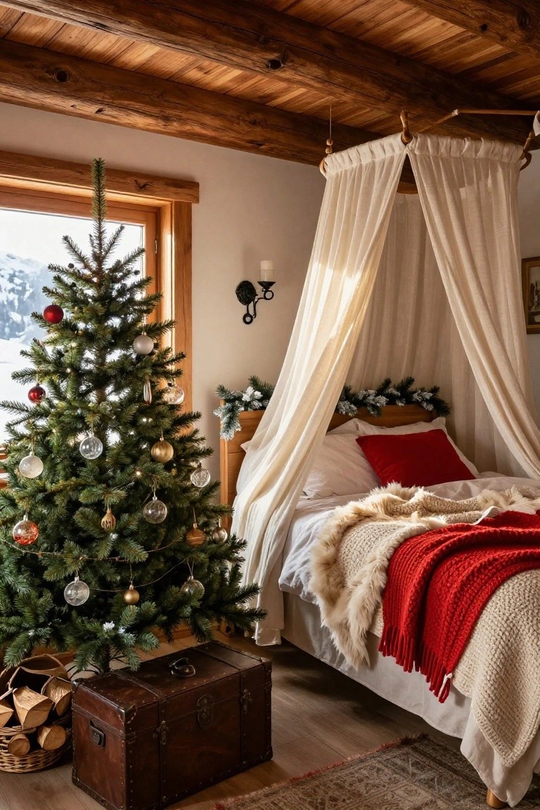 Rustic bedroom interior with exposed wooden beams, white canopy bed with evergreen garlands on headboard, small decorated Christmas tree by window overlooking snowy mountains, fur blankets, red pillows, and wooden chest with firewood.