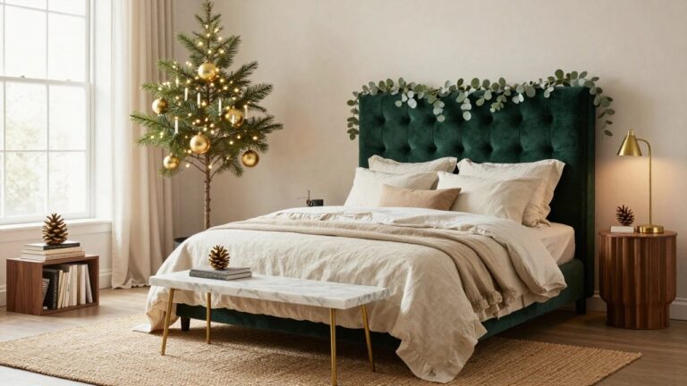 A bedroom with an emerald green velvet tufted headboard draped in eucalyptus garland, a small lit Christmas tree near the window, beige linen bedding on the bed, wooden nightstand, gold lamp, and seagrass rug on hardwood floors.