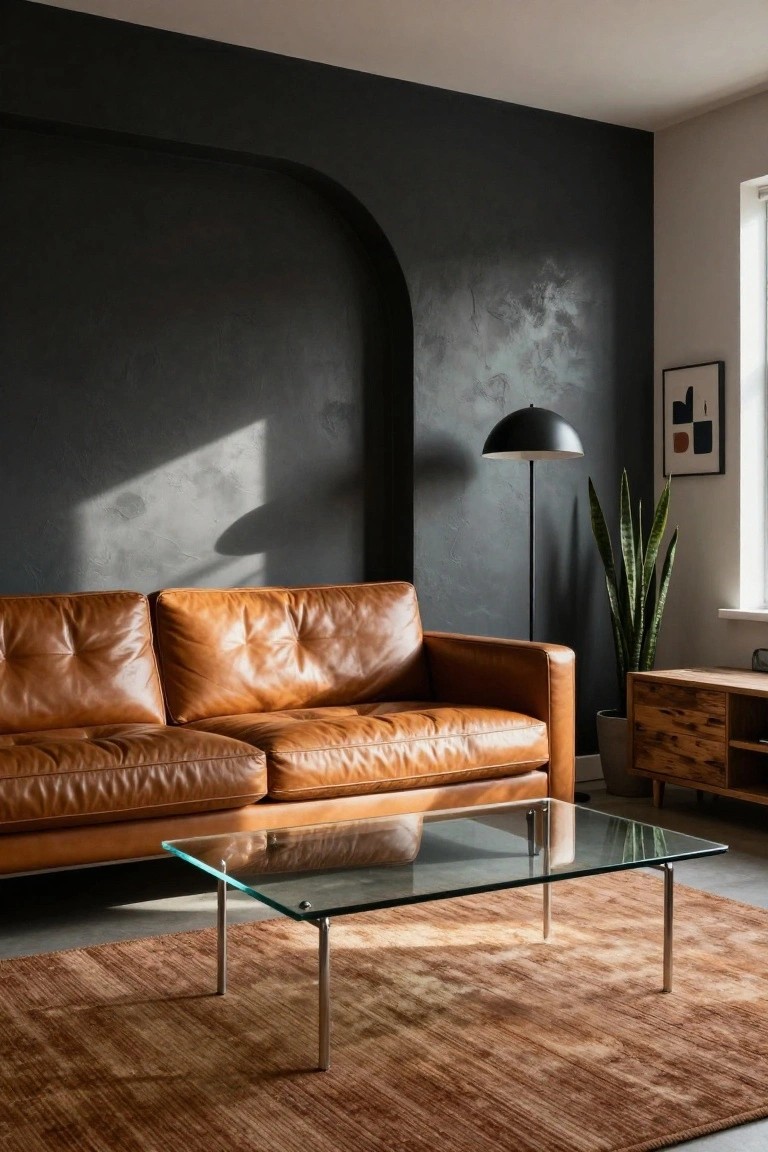 Modern living room featuring a black textured accent wall with arched niche, tan leather sofa, glass coffee table on rug, floor lamp, snake plant, and wooden media unit.