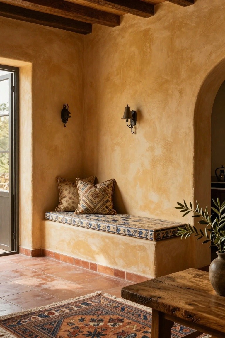 Indoor nook with ochre textured plaster walls, built-in bench topped with patterned cushions and edged in blue-and-white tiles, wooden side table holding a vase of olive branches, terracotta tile floor, and woven rug.