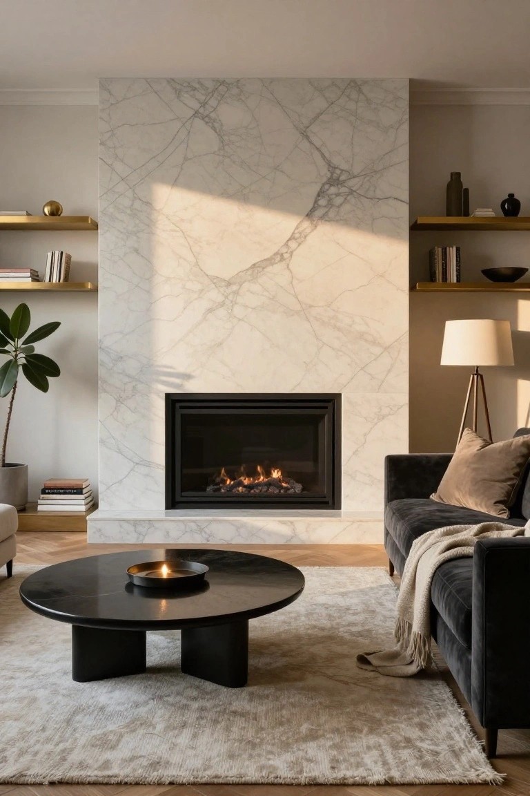 Modern living room with tall white veined marble accent wall surrounding a black gas fireplace, gold shelves with decor, round black coffee table with candle, gray sofa with throw, potted plant, and beige rug on wood floor.